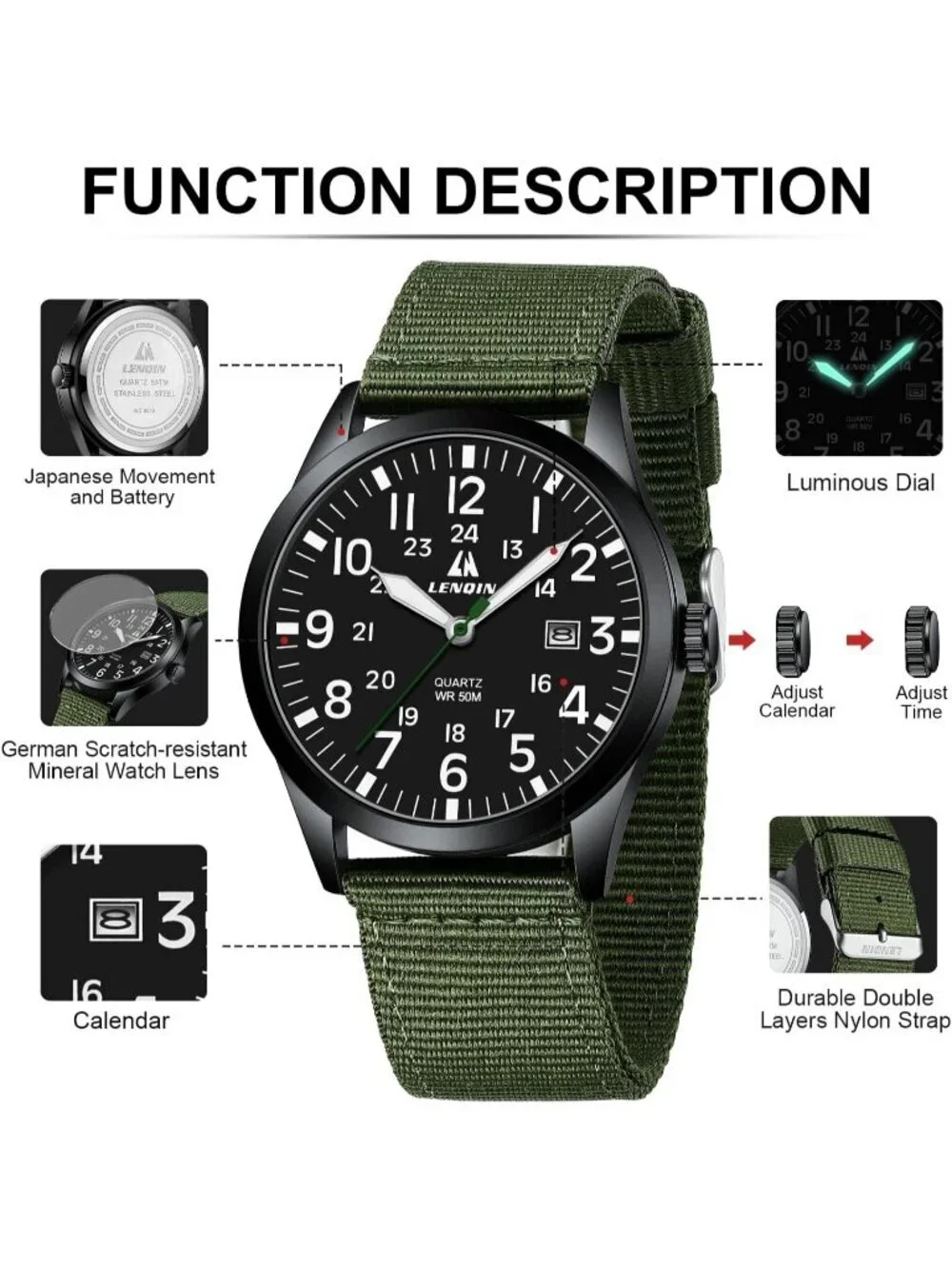 Men's Black Green Nylon Strap Stylish Luminous Unisex Military Tactical Watch